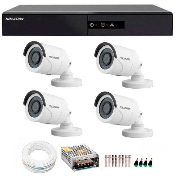 Kit CFTV 4 Câmeras Hikvision 1.0Mp Hd 720P + Dvr 4Ch Para Gravação + Acessórios